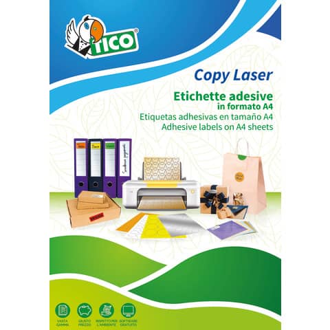 Etichette bianche con angoli arrotondati TICO Copy Laser Premium 199x289 mm - 1 et./foglio - conf. 100 fogli LP4W-199289